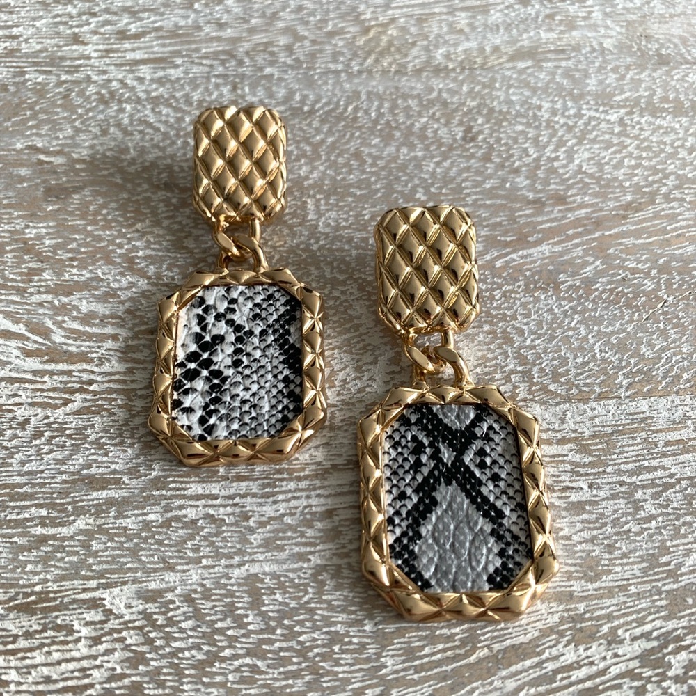 Gaudy Statement Snakeprint Gold tone Textured Drop Earrings